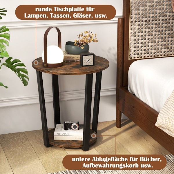 Runt sidobord med öppen hylla &amp; Metallram 2-vånings Accent Bordsoffa Bord-Rustik Brun