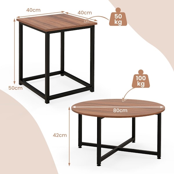 Set med 3 soffbord med robust metallstomme, runt soffbord och 2 fyrkantiga sidobord, bruna