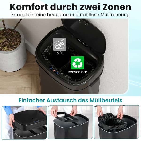 58L sensor skraldespand, dobbeltzone, sort metal
