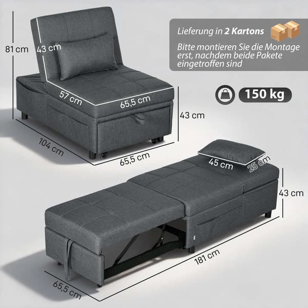 Konvertibel bäddsoffa med justerbart ryggstöd och dyna