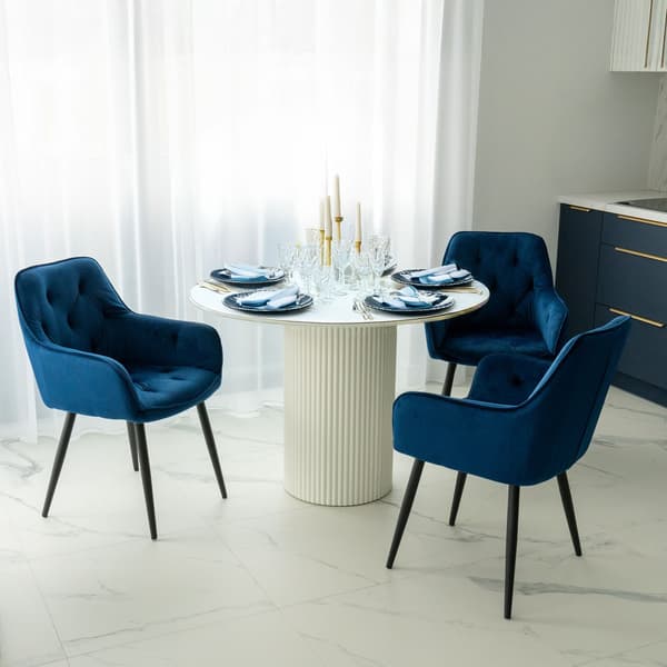 Matstol i sammet, blå, metallben, quiltad design