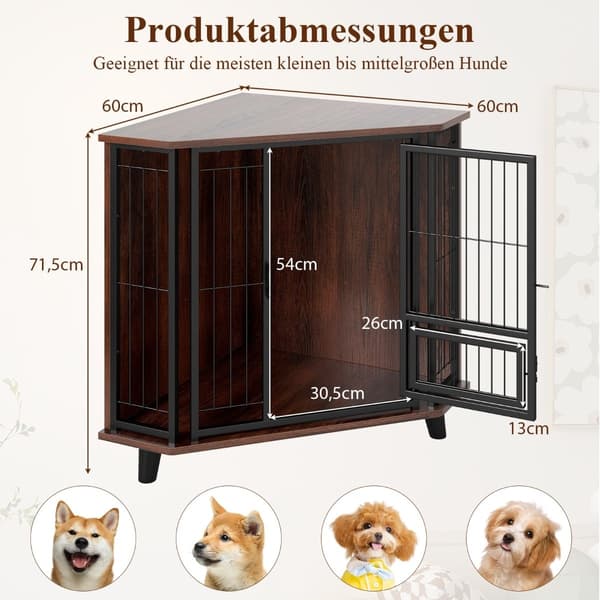 Hjørnehundebur med foderlem og låsbar dør, pladsbesparende