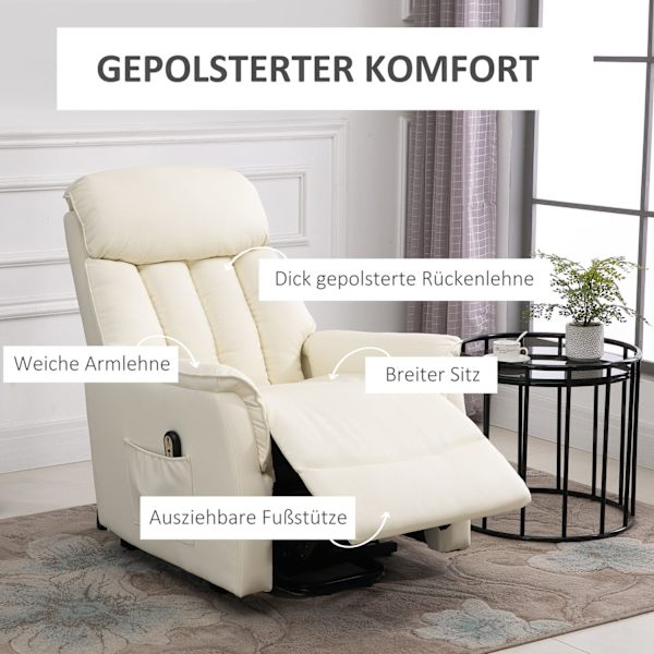 Ståstol, tv-stol, lænestol med ståhjælp, elektrisk lænefunktion, kunstlæder, beige, 80 x 94 x 104 cm