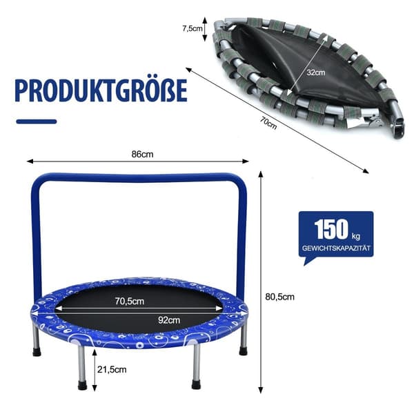 Børnetrampolin minitrampolin foldbar trampolin til småbørn blå + sort