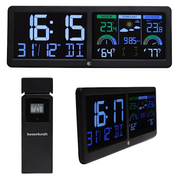 Bakgrundsbelyst trådlös väderstation med utomhussensor, termometer, barometer, klocka