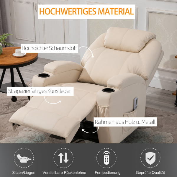 Elektrisk Afslapningsstol Tv-Stol Massagestol Massagefunktion Liggefunktion Imiteret Læder Træ Metalskum Beige 82 X 97 X 110 Cm