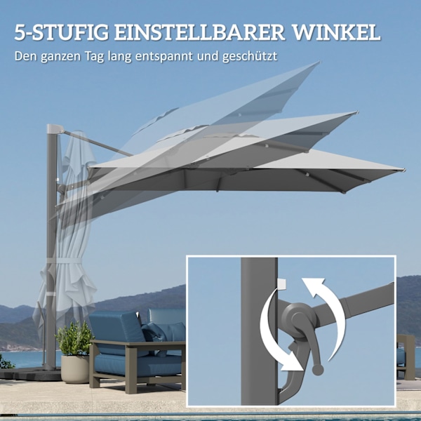 Aluminiums Cantilever Paraply 3 x 3 m 360° Roterende Parasol med Krankstativ Vipbar Vandafvisende Market Paraply Højdejusterbar Haveparaply Krank Para
