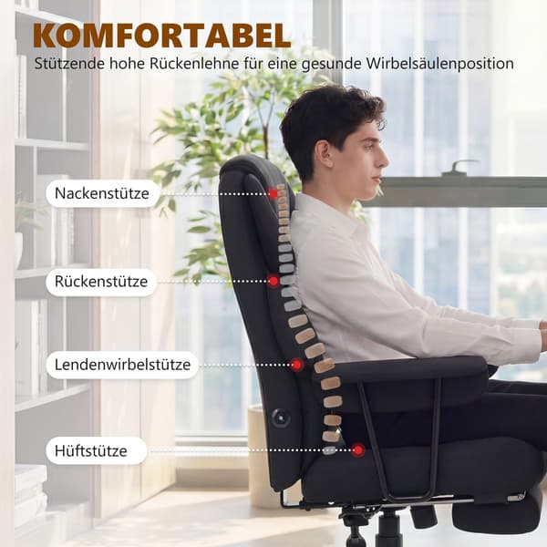 Kontorstol med massage, lænefunktion og fodstøtte, sort læder