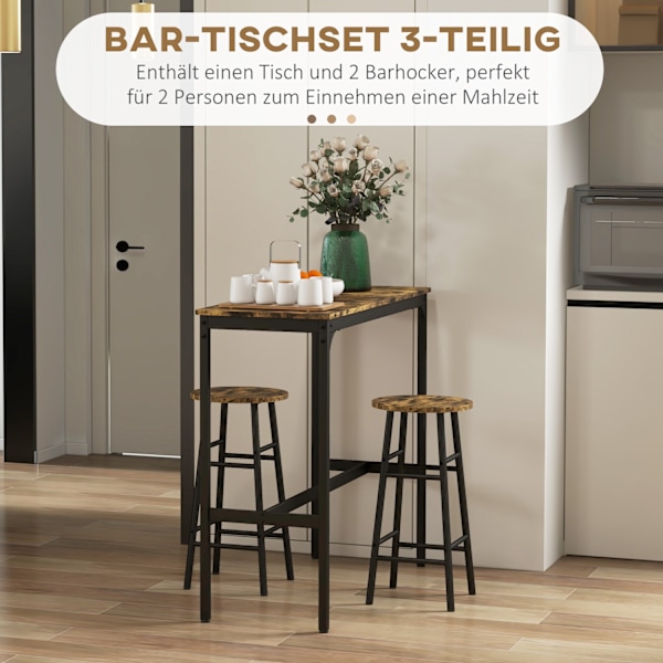 Barbordsset, 3 st. Barbord med barstolsset, matgrupp i industriell design, köksbord med 2 barstolar, för matsal, kök, stål, rustikt brun