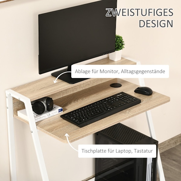 Skrivbord Modernt datorbord med förvaringsfack & kabelgenomgång, metallram, vit + ek, 84x45x85cm
