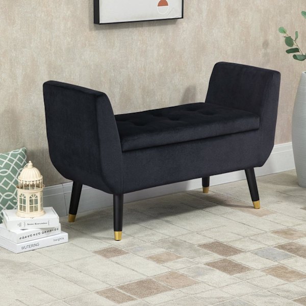 Luksus Bænk Polstret Bænk Med Opbevaringsplads Og Armlæn, Fløjlsagtig Polyester, Gummitræ, Sort, 107 X 42 X 65 Cm