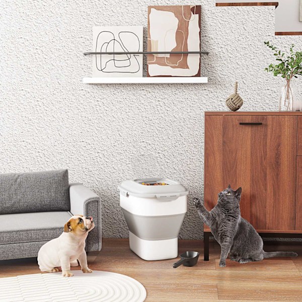 Hundmatsförvaring, 25L, 44x32x37cm, hopfällbar, med 4-sidigt lock, hjul, skålar, måttbägare, skopa, plast, grå