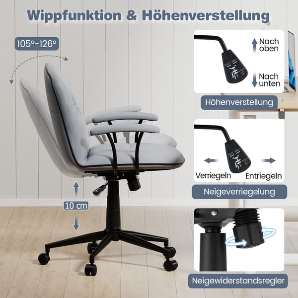 Ergonomisk kontorstol, kunstlæder, polstrede armlæn, grå