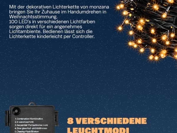 Lyskæder, 100 varme hvide LED'er, Timer, Indendørs/Udendørs
