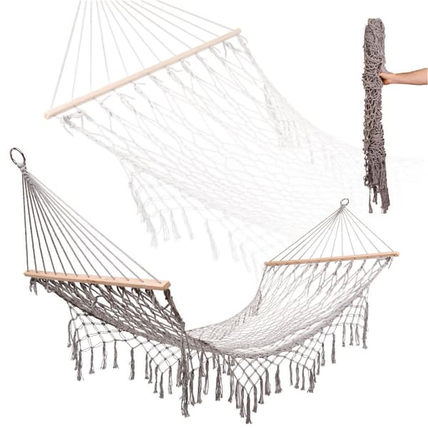 Trädgårdshängmatta boho mesh tofs 200cm grå