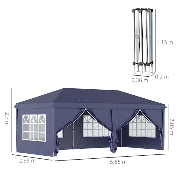 Hopfällbar paviljong 5,85x2,95m med UV-skydd, sidoväggar & fönster, dragkedjedörrar, robust stål, blå för trädgård & evenemang