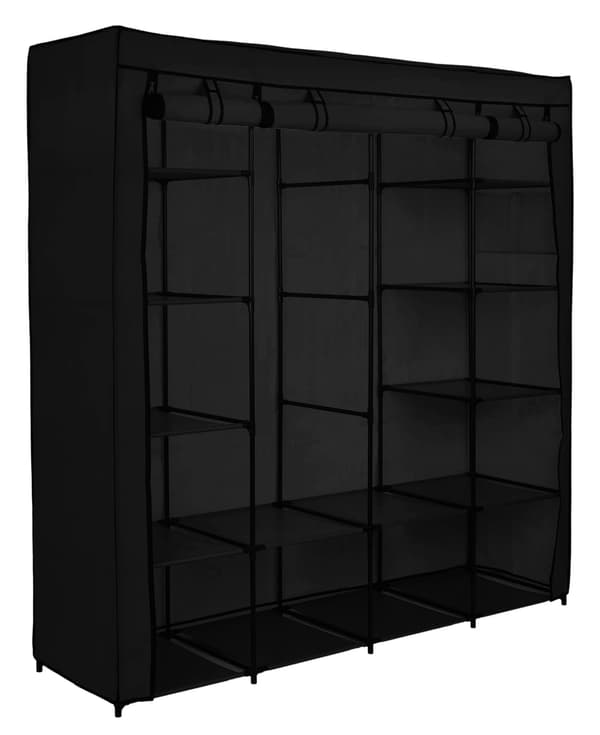 Tekstilgarderobe med hylder, sort, 14 hylder