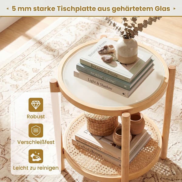Boho-pyöreä sivupöytä karkaistulla lasikannella, luonnonvärinen