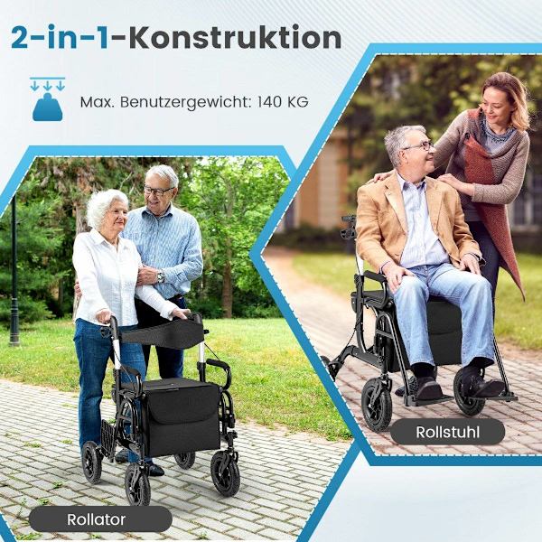 2-i-1 rollator & kørestol, let, sammenklappelig, sort