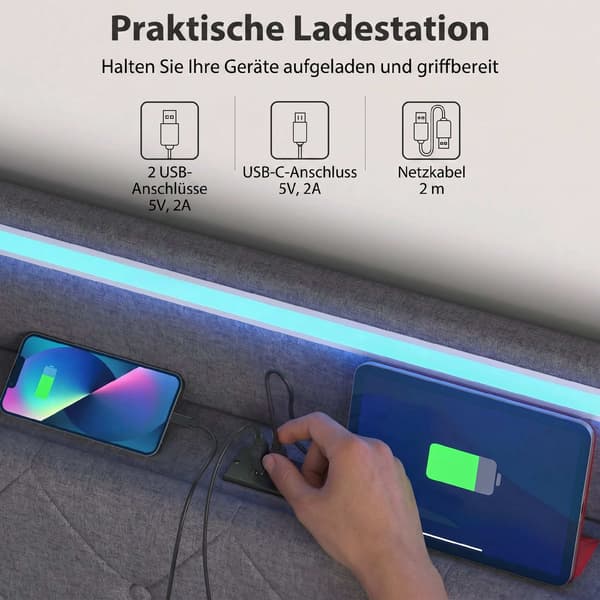 Platformssengestel 140x200 cm med opbevaring og LED-lys