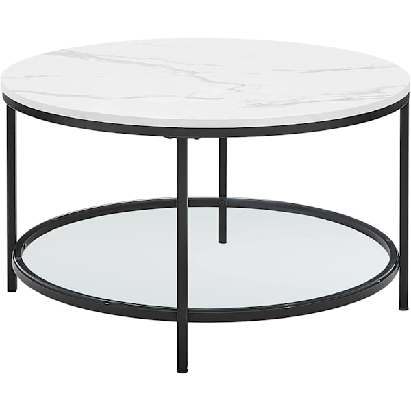 Modernt soffbord i marmor med glashylla och stålben