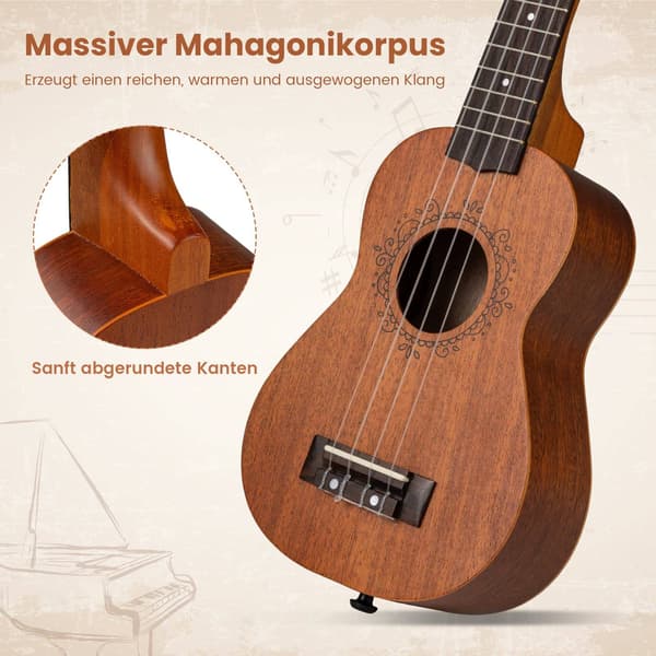 21-tommer mahogni ukulele sæt med taske og tilbehør