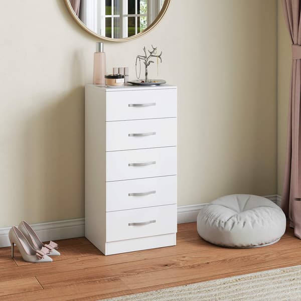 Hvid kommode med 5 skuffer, spånplade, pladsbesparende design