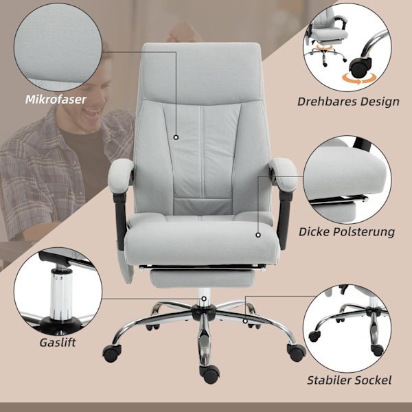 Massagekontorstol med lænefunktion, ergonomisk skrivebordsstol, højdejusterbar, direktionsstol med fodstøtte, lysegrå