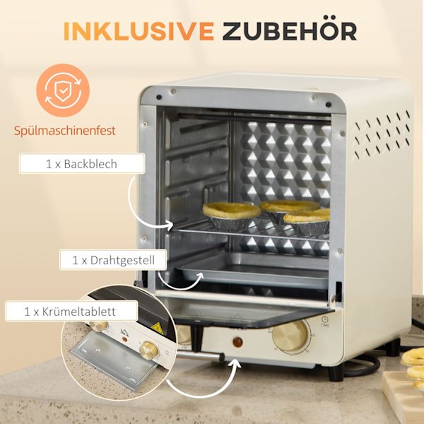Miniuuni 15L, 1 tunnin ajastin, 60-230°C, pizzauuni kiertoilmalla, 1000 W, miniuuni uunipeltisarjalla, murupelti, kermanvalkoinen
