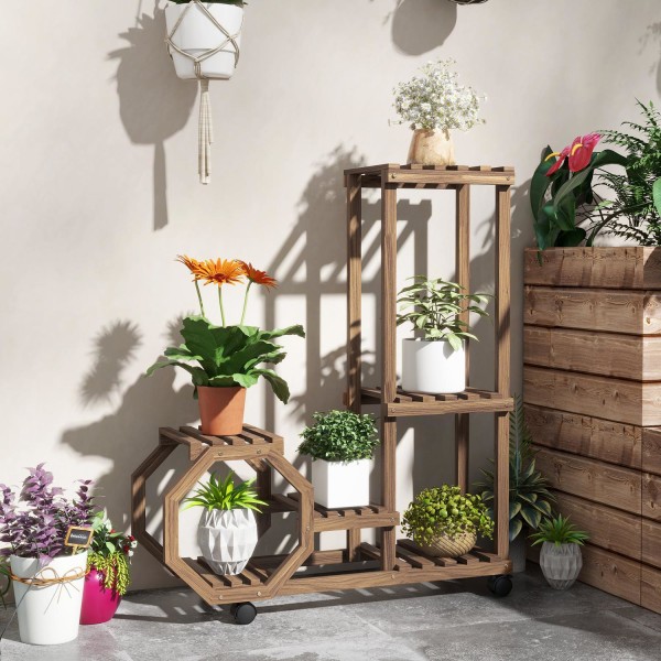 Plant Stand Puinen Kukkahylly Pyörillä, 5 Tasoa, Puutarhaan Ja Parvekkeelle, Hiiltynyt