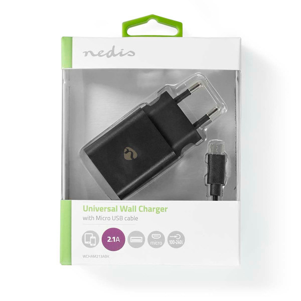 Väggladdare | 12 W | Snabbladdnings funktion | 1x 2.1 A A | Antal utgångar: 1 | USB-A | Micro USB (Lös) Kabel | 1.00 m | Single Voltage Output
