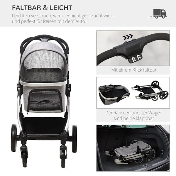 Dog Buggy 2-In-1 Kokoontaitettavat Jarrut Mesh Window Turvahihnat Vaaleanharmaa 15Kg Asti