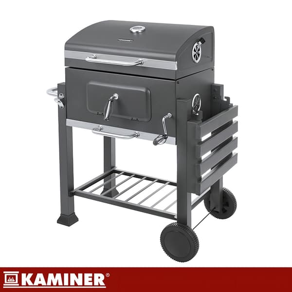 Havekulgrill med låg, støbejernsrist, termometer