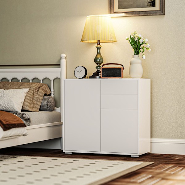 Skænk opbevaringsskab med skuffe, 2 push-click låger, køkkenskab med justerbar hylde, buffet skab til køkken, stue 79x36x75 cm hvid