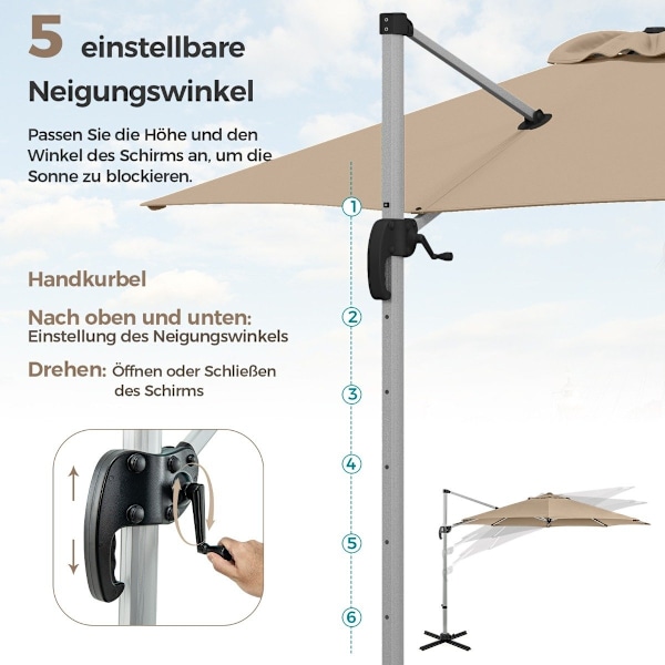 Ø 330 cm parasol med håndsving &amp; UPF 50+ &amp; 360° roterende cantilever paraply haveparaply beige