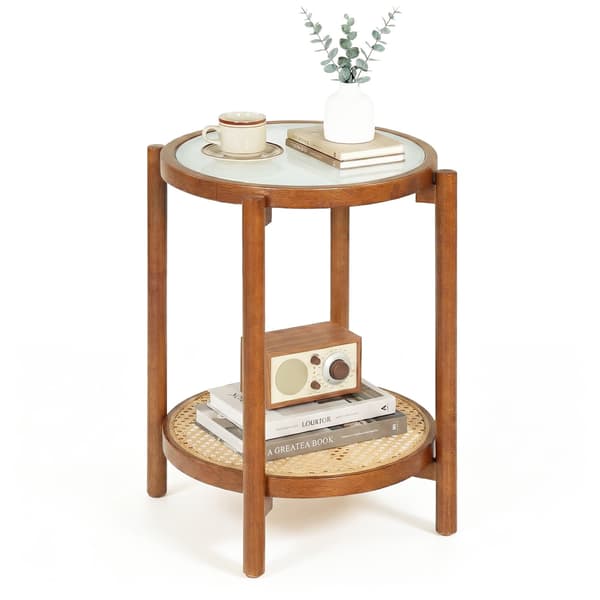 Boho sidebord i 2 niveauer med hærdet glasplade, valnød