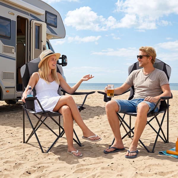 Hopfällbara campingstolar med mugghållare, svarta – 2-pack