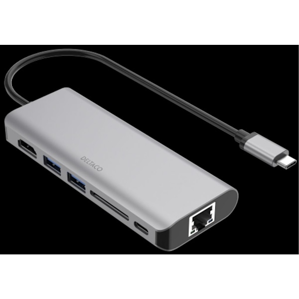 Deltaco USB-C -telakointiasema, HDMI/RJ45/USB-A/SD