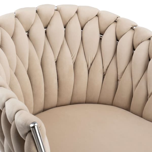 Fløjlsspisestol, flettet design, forkromede ben, beige