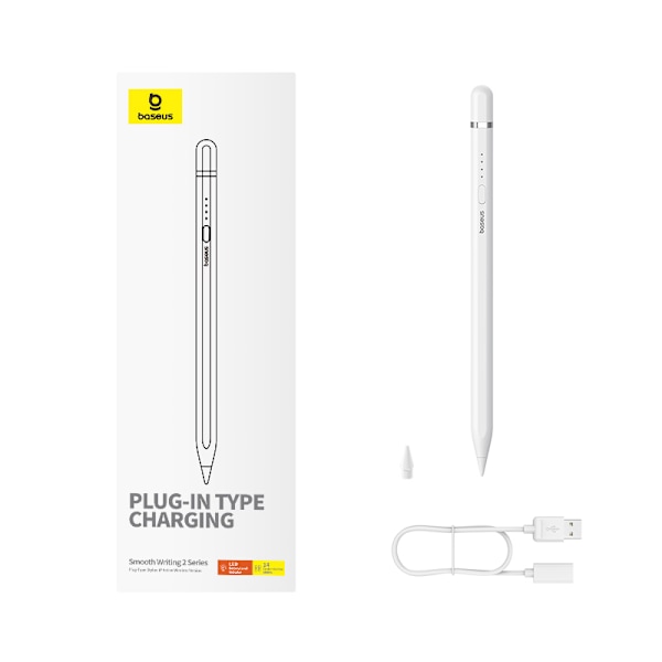Stylus-kynä iPadille aktiivisella, vaihdettavalla Smooth Writing 2 -kärjellä + valkoisella USB-A-kaapelilla