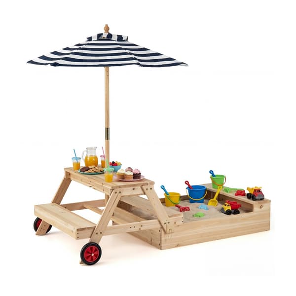 2-i-1 træsandkasse og picnicbord med paraply, blå