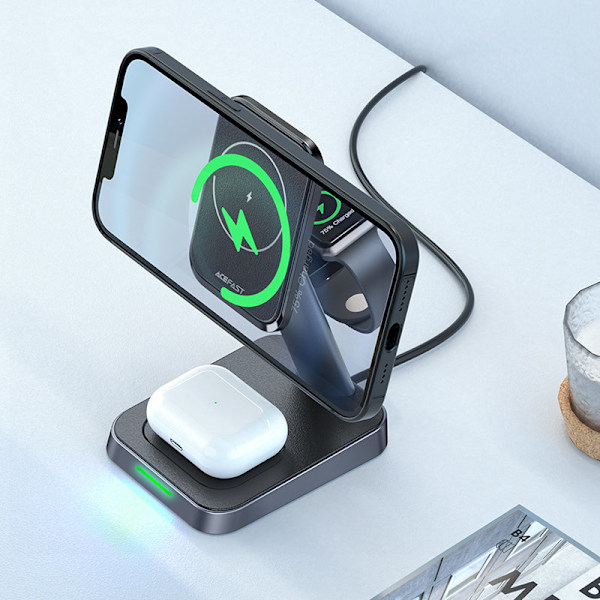3i1 Qi oplader 15W med magnetisk holder til iPhone Apple Watch og AirPods sort