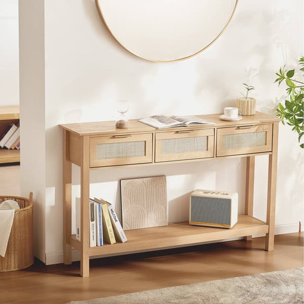 Rattan konsolbord, 3 skuffer, skydedør, hylde