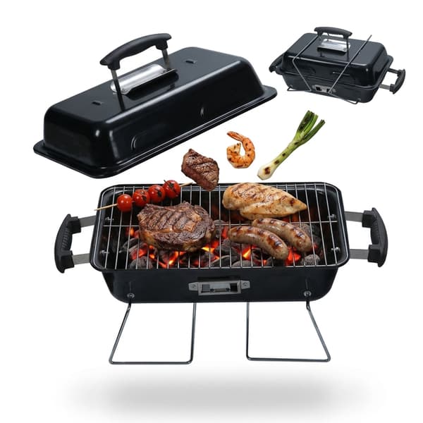 Sammenklappelig bordgrill med låg – sort, 36x56x30,5 cm