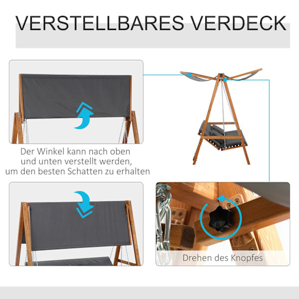 Hollywood-Gunga Med Sängfunktion, 3-Sits, Trädgårdsgunga Med Tak, Furu, Grå + Teak, 225,5X113X180Cm