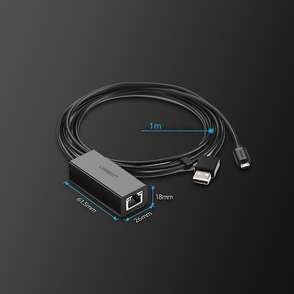 Eksternt LAN micro USB netværkskort 100Mbps til Chromecast 1m sort