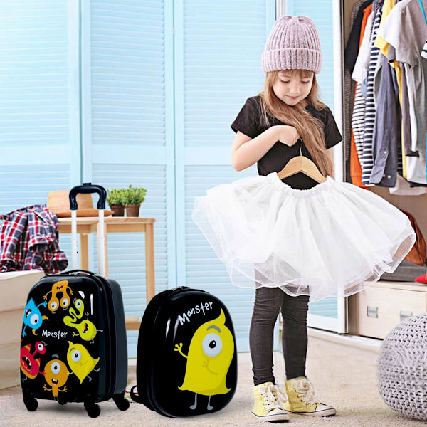 2-piece children's luggage monsterbillede rejsekuffert børnekuffert + rygsæk sort