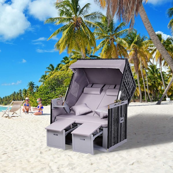 Beach Tuoli Täysi Lepotuoli Double Aurinkotuoli Katolla Garden Lepotuoli Kupinpidin Chaise Lounge Pe Rottinki Harmaa 118 X 79 X 50 Cm