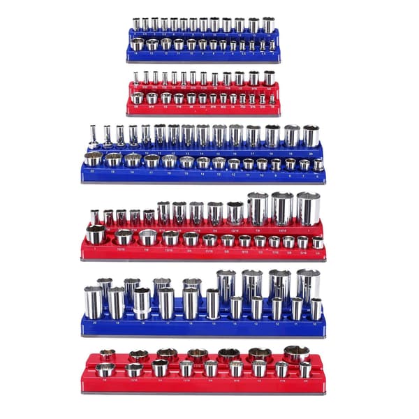 Magnetisk hylsorganizer, 6 delar, 143 hylsor, metrisk och SAE