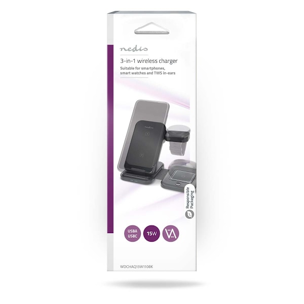 Langaton laturi | 3-in-1 | 15 W | LED-merkkivalo käytössä | Sisältää kaapelin | USB-A / USB-C™ | 1.00 m